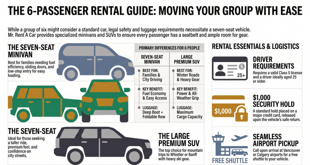 The 6 Passenger Rental Guide Here is everything you need to know about a car rental for 6 people with us.