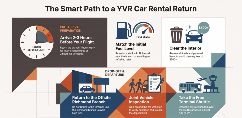 YVR Car Rental Return: The Easy and Smart Guide to Dropping Off Your Car 5 YVR Car Rental Return Guide YVR car rental return is what you search when your trip is done and you need to drop off your car at Vancouver International Airport the right way. A smooth return matters. Do it well and you save money, you catch your flight with time to spare, and you get your deposit back fast. Do it wrong and you can face fuel fees, late fees, or a cleaning charge. This guide shows you the easy and smart way to return your car at YVR.